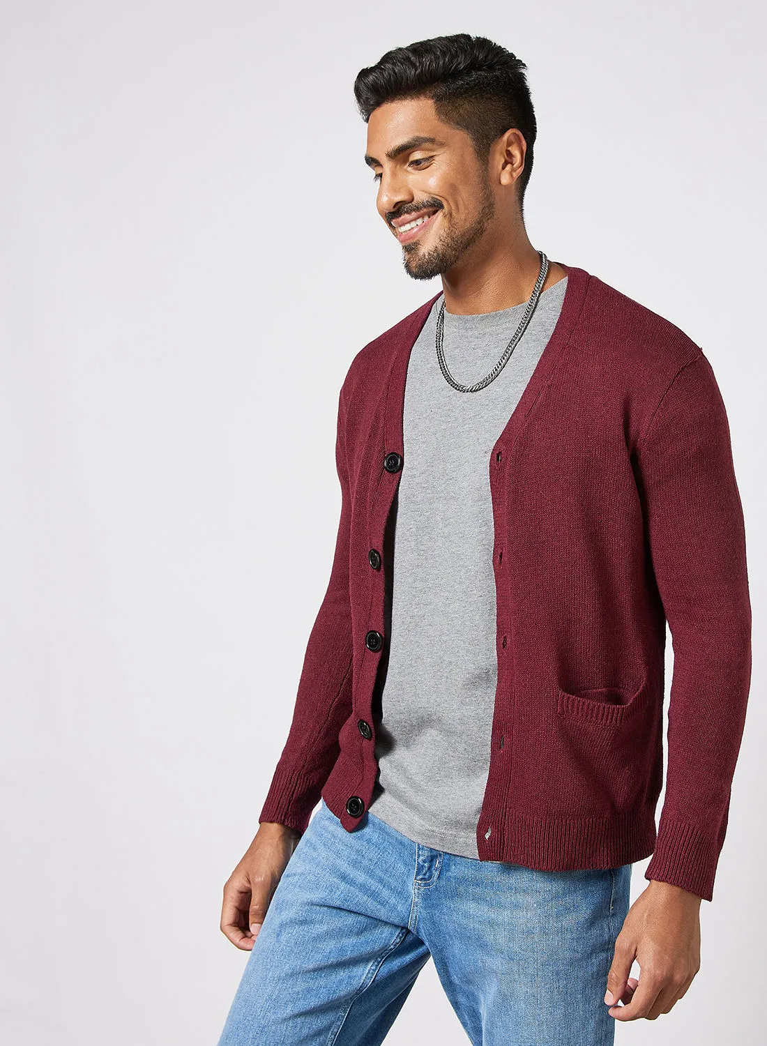 Noon East Men's Solid Button Detailed Wide Collar Full Sleeves Cardigans For Winters With Two Pocket Maroon