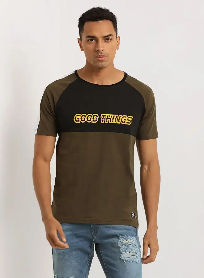 ABOF Crew Neck Stylish T-shirt Yellow/Brown/Black