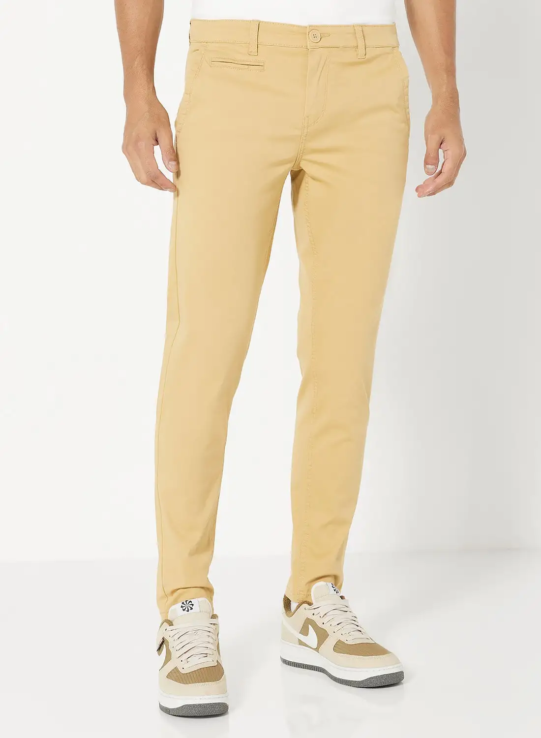 Noon East Solid Pattern Stretch Slim Fit Pants Beige