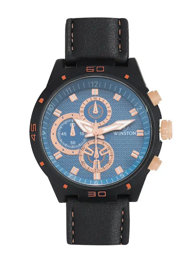 WINSTON Men's Sport Style Fake Chronograph Dial Quartz Black Case Blue Strap