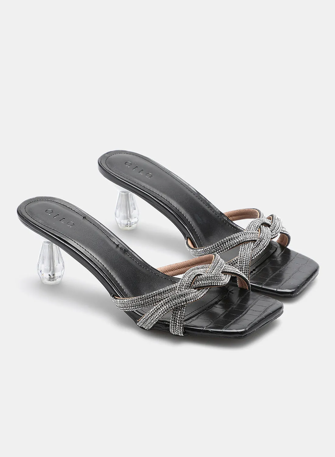 Aila Stone Embellished Straps Heeled Sandals Black/Silver