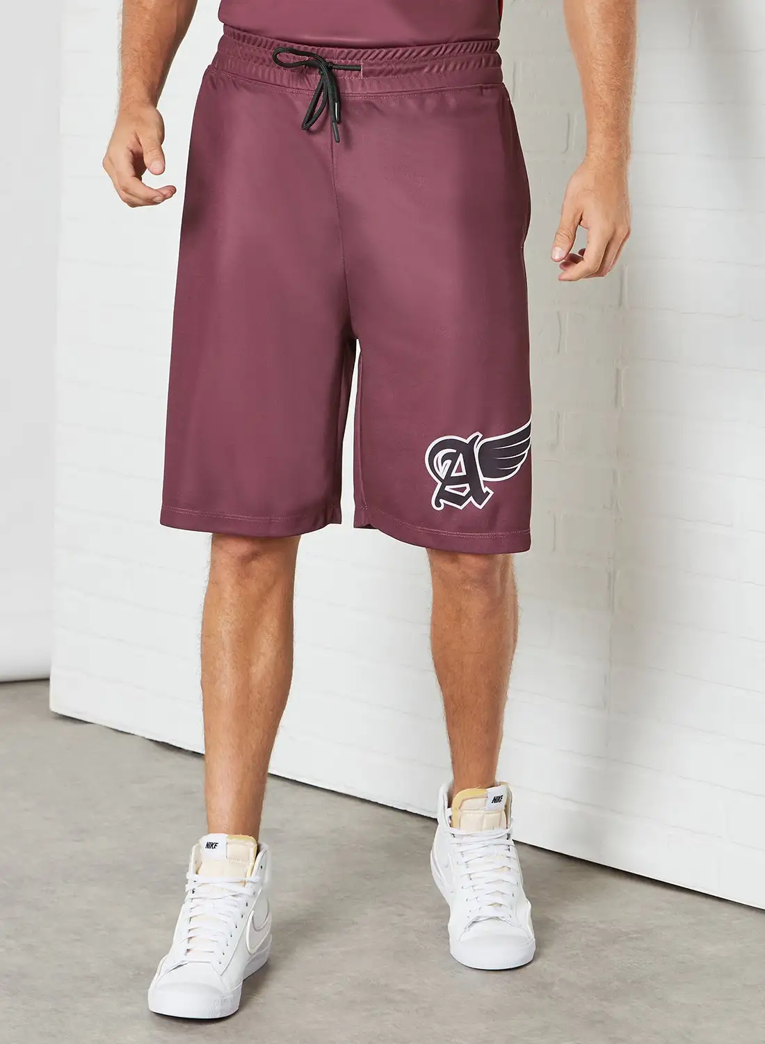 ABOF Logo Printed Elastic Waistband Drawstring Mid-Rise Shorts Windsor Wine/Black