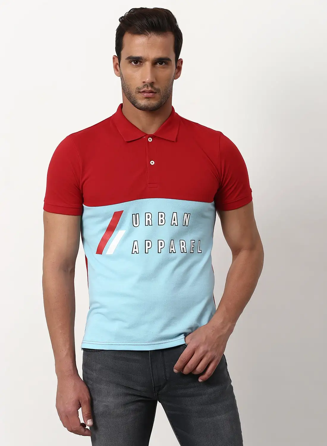 ABOF Colourblock Pattern Casual Slim Fit Polo Red/Sky Blue