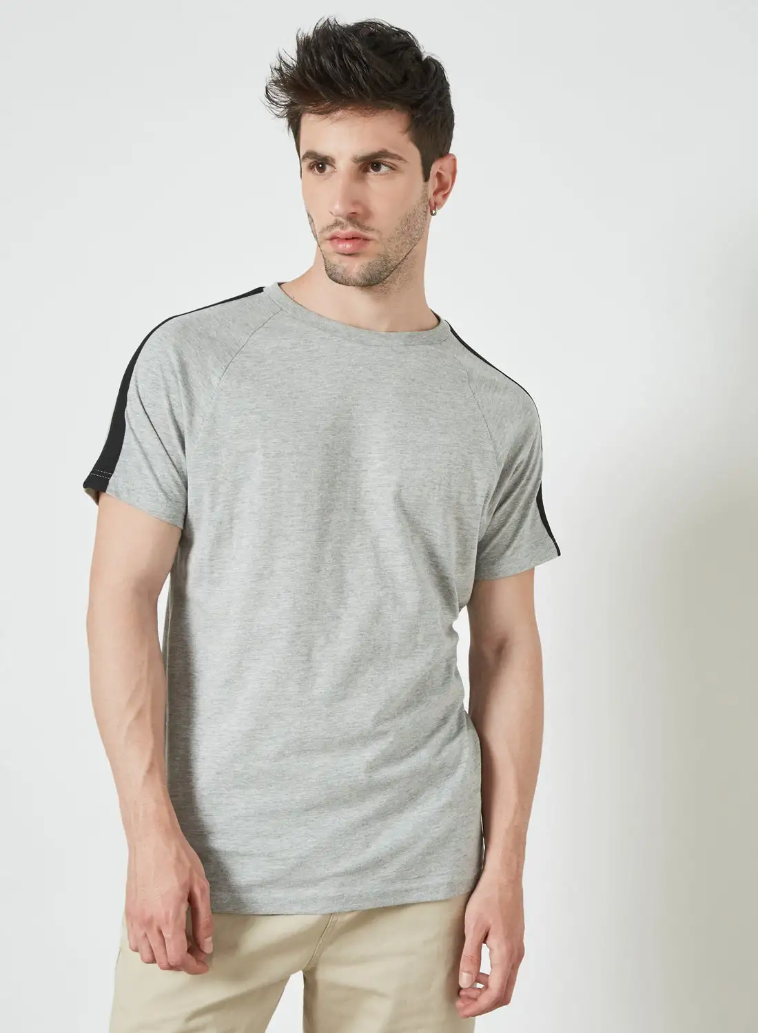 BRAVE SOUL Crew Neck T-Shirt Light Grey Marl/ Jet Black