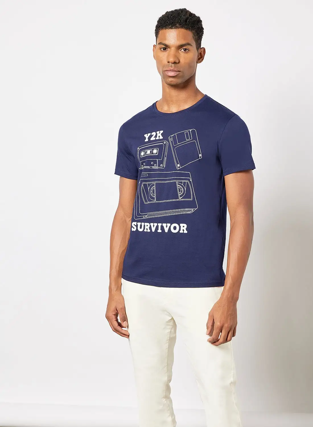 QUWA Placement Printed T-Shirt Navy