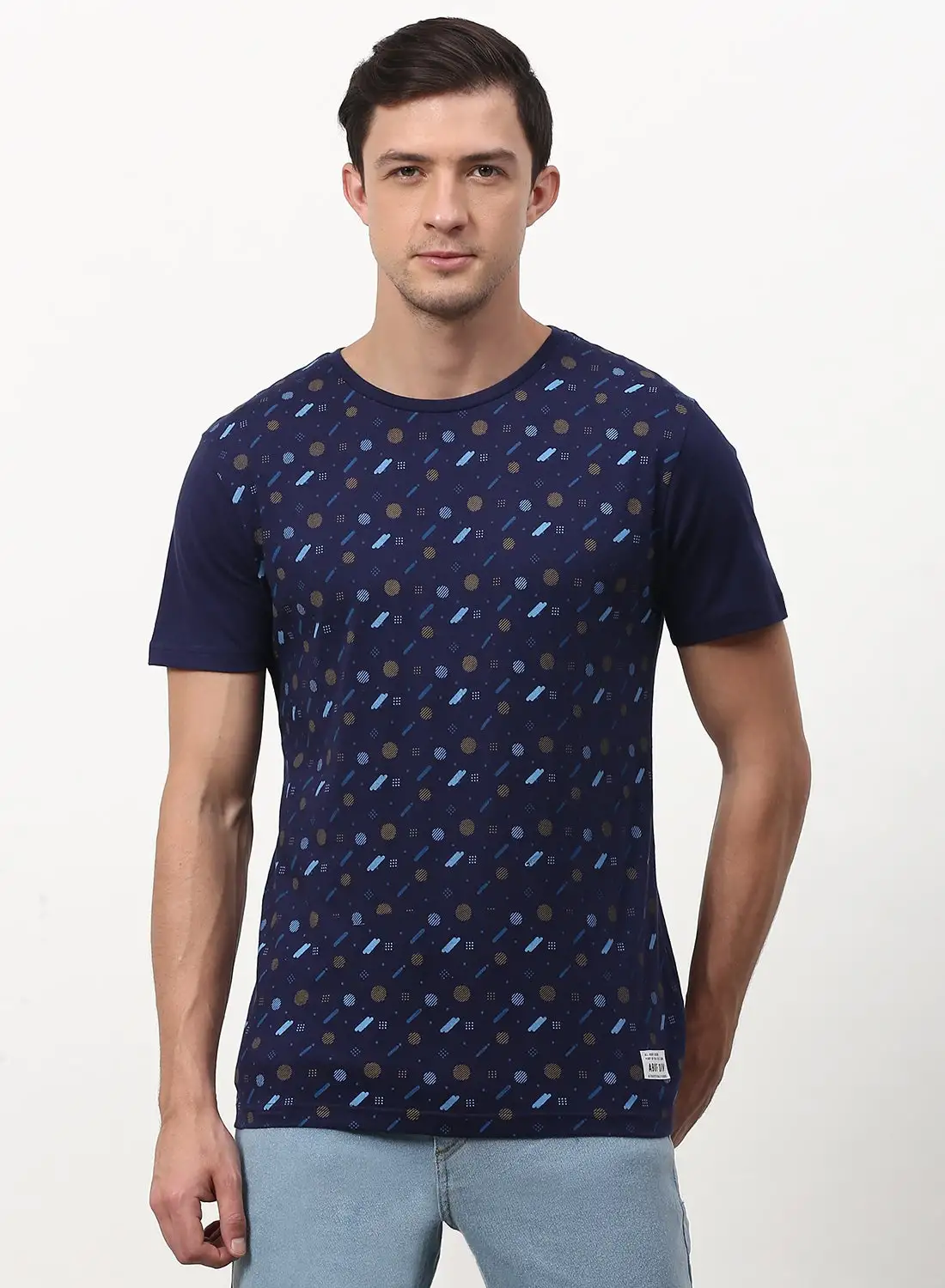 ABOF All Over Printed Crew Neck Regular Fit T-Shirt Denim  Blue