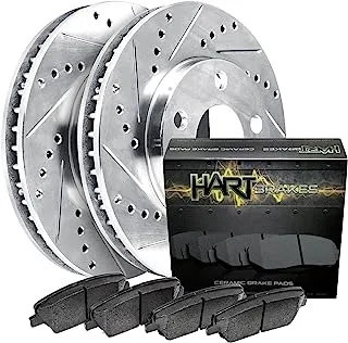 Hart Brakes Rear Brake Rotors Silver Drilled Slotted Ceramic Brake Pads Compatible For 2009-2021 Lexus CT200h, Pontiac Vibe, Toyota Corolla, Matrix, Prius, Prius Plug-In, Prius Prime