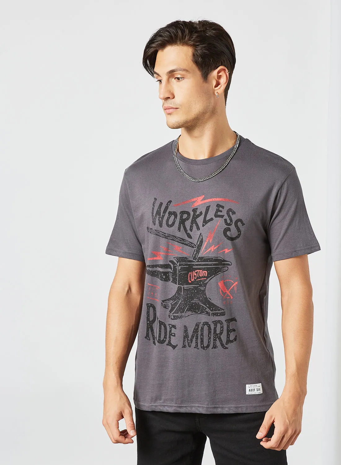 ABOF Workless Ride Mode Print Crew Neck T-Shirt Grey Melange/Black/Red