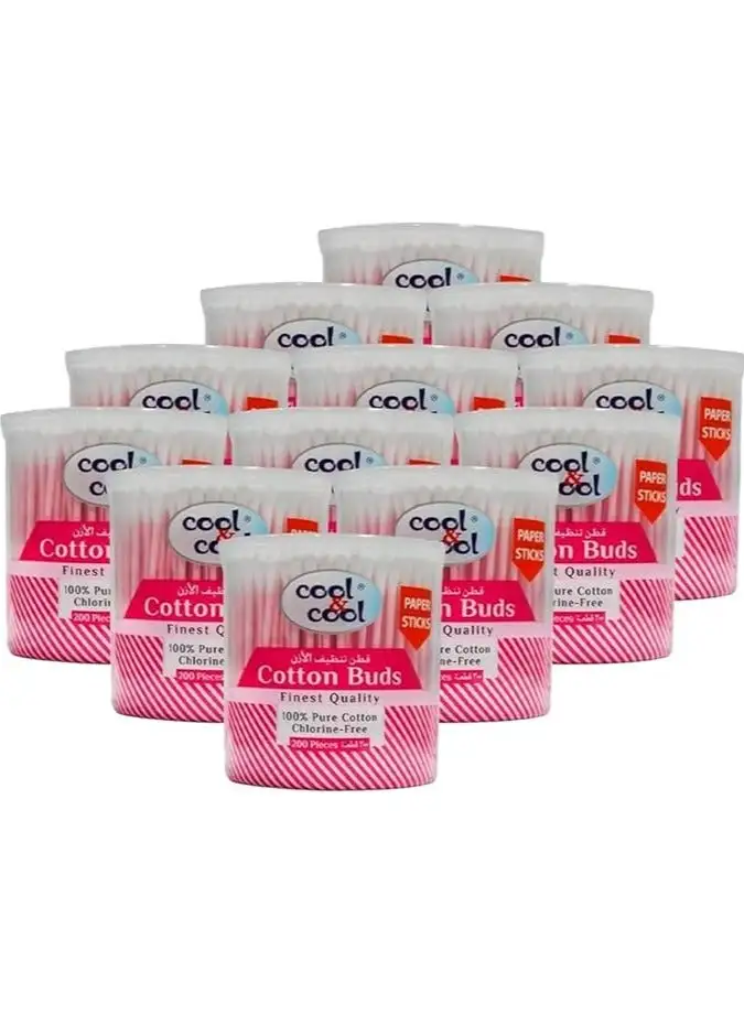 cool & cool Cool & Cool Paper Ear Buds - 200's (Pack of 12) - Pink - Round Thick Tips,Cotton Swabs,100% Cotton,Double Tipped,Hygienic,Gentle & Safe Swabs for Ears - 2400 Pieces