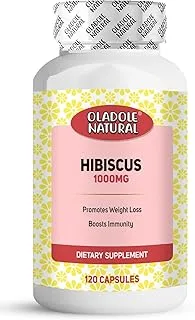 Oladole Natural Hibiscus - 1000mg (120 Capsules) | Supports Immune System, Liver, Kidney & Blood Pressure Level, Boosts Energy Level, Urinary Track Health, Brain, Heart Health | Non-GMO, Gluten Free