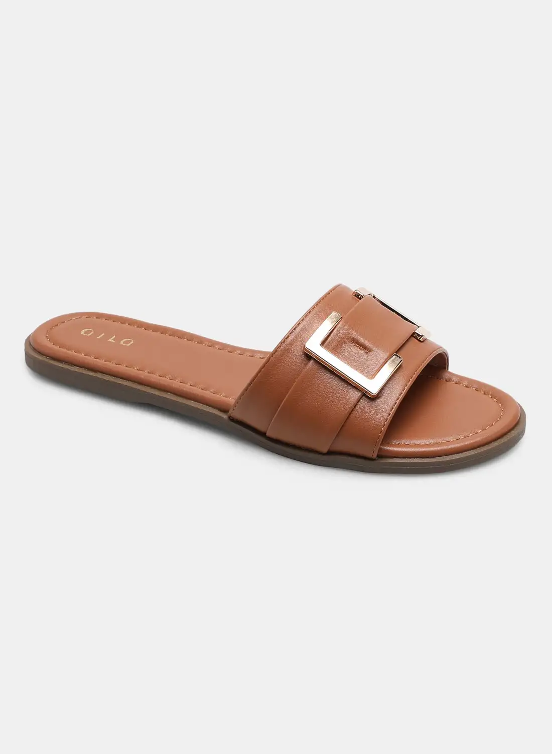 Aila Solid Pattern Buckle Detail Strap Slides Camel