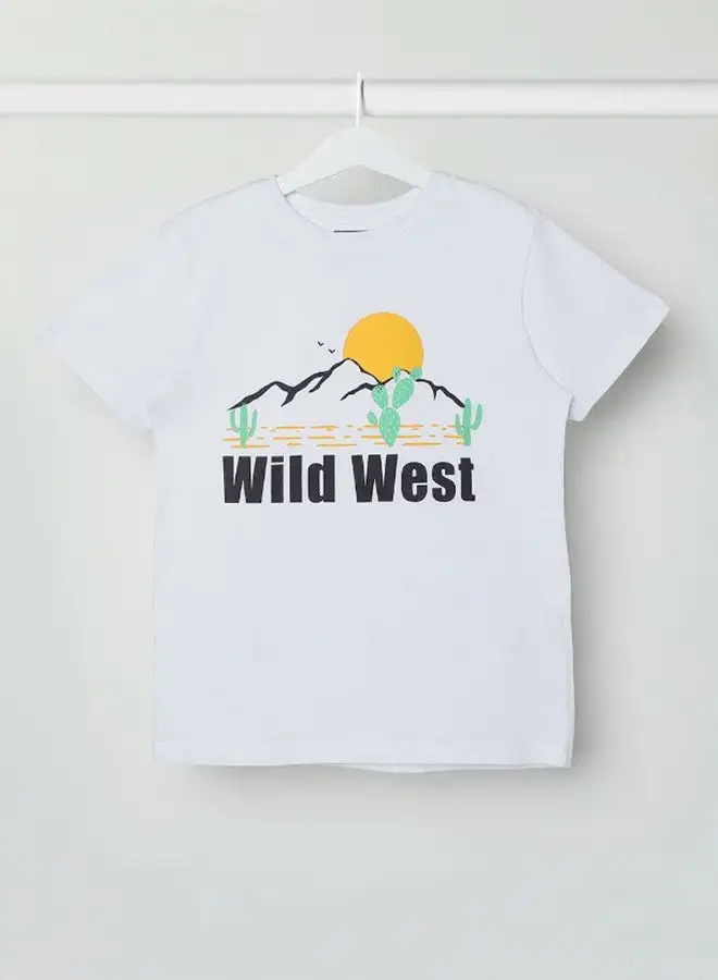 NEON Wild West Printed Casual Crew Neck T-Shirt Pure White