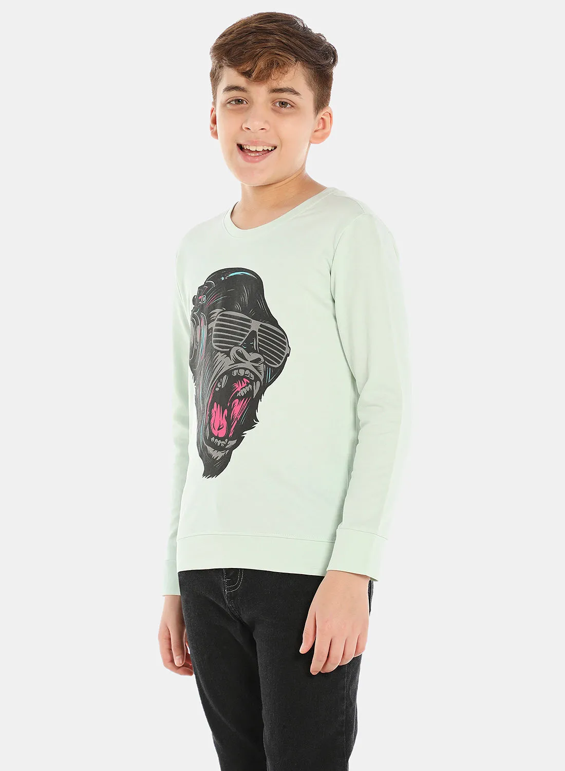 QUWA Graphic Printed Crew Neck Sweatshirt Green/Black/Pink