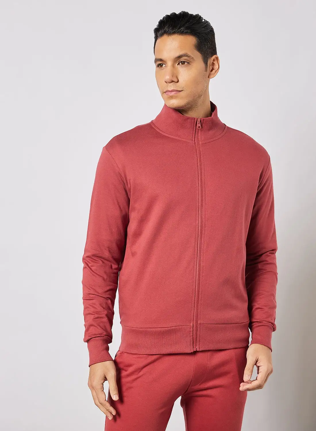 Noon East Men's High Neck Long Sleeve Jacket With Zipper and Rib attachment Maroon