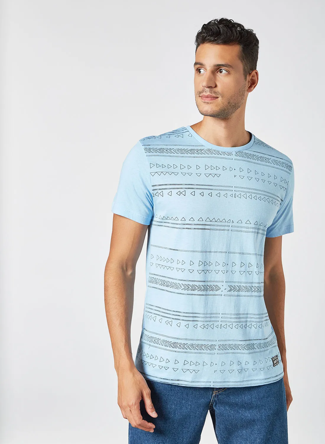 ABOF Graphic Printed Regular Fit Crew Neck T-Shirt Sky Blue