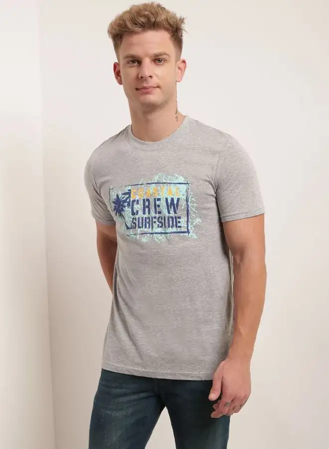 QUWA Graphic Printed Round Neck T-Shirt Grey