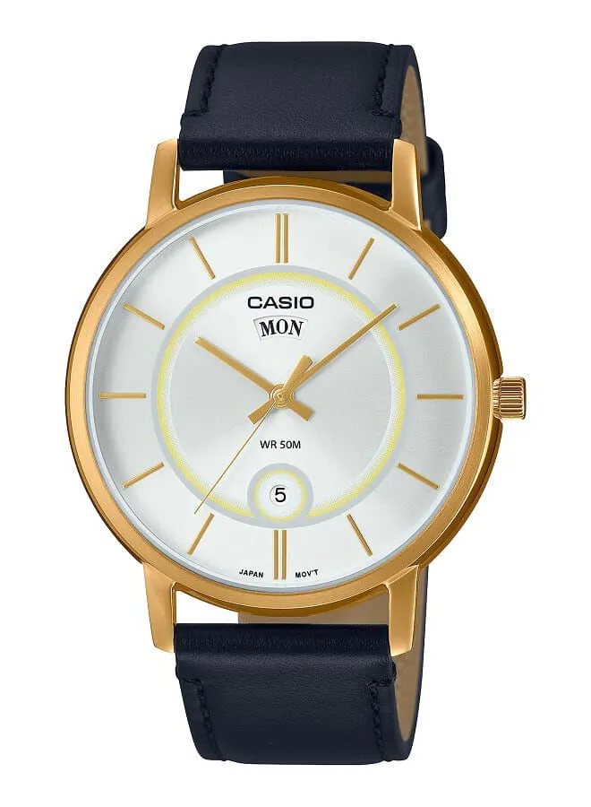 CASIO Men Watch Analog White Dial Genuine Leather Band Gold Ion Plated Case MTP-B120GL-7AVDF