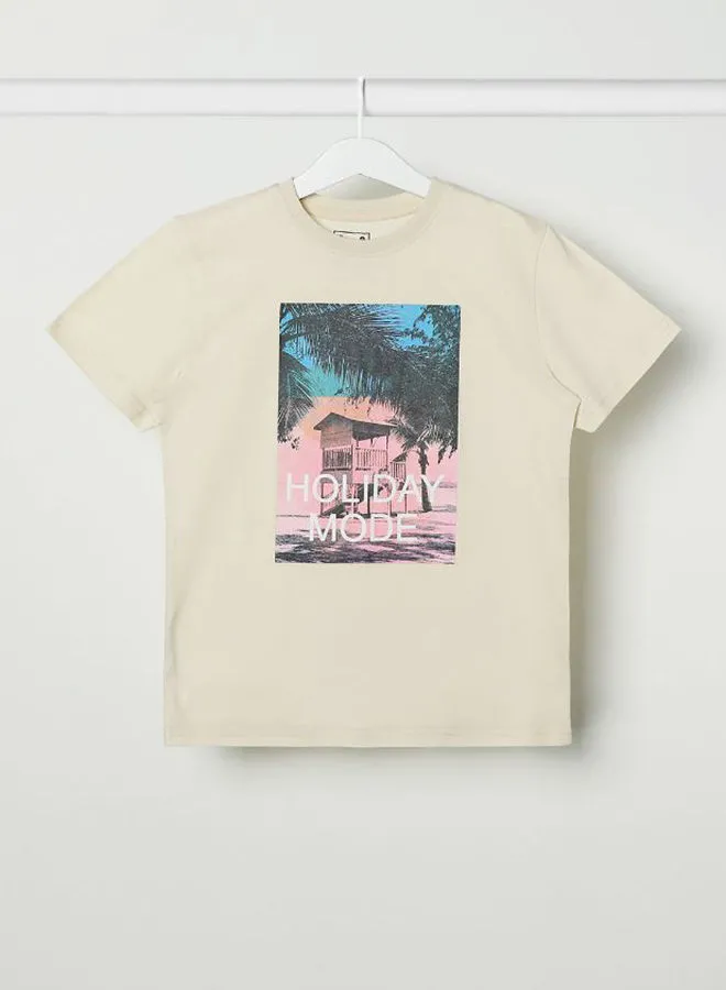 NEON Graphic Printed Crew Neck T-Shirt Primary Beige