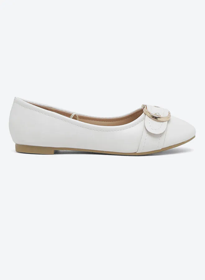 R&B Round Toe Ballerina With Metallic Accent White