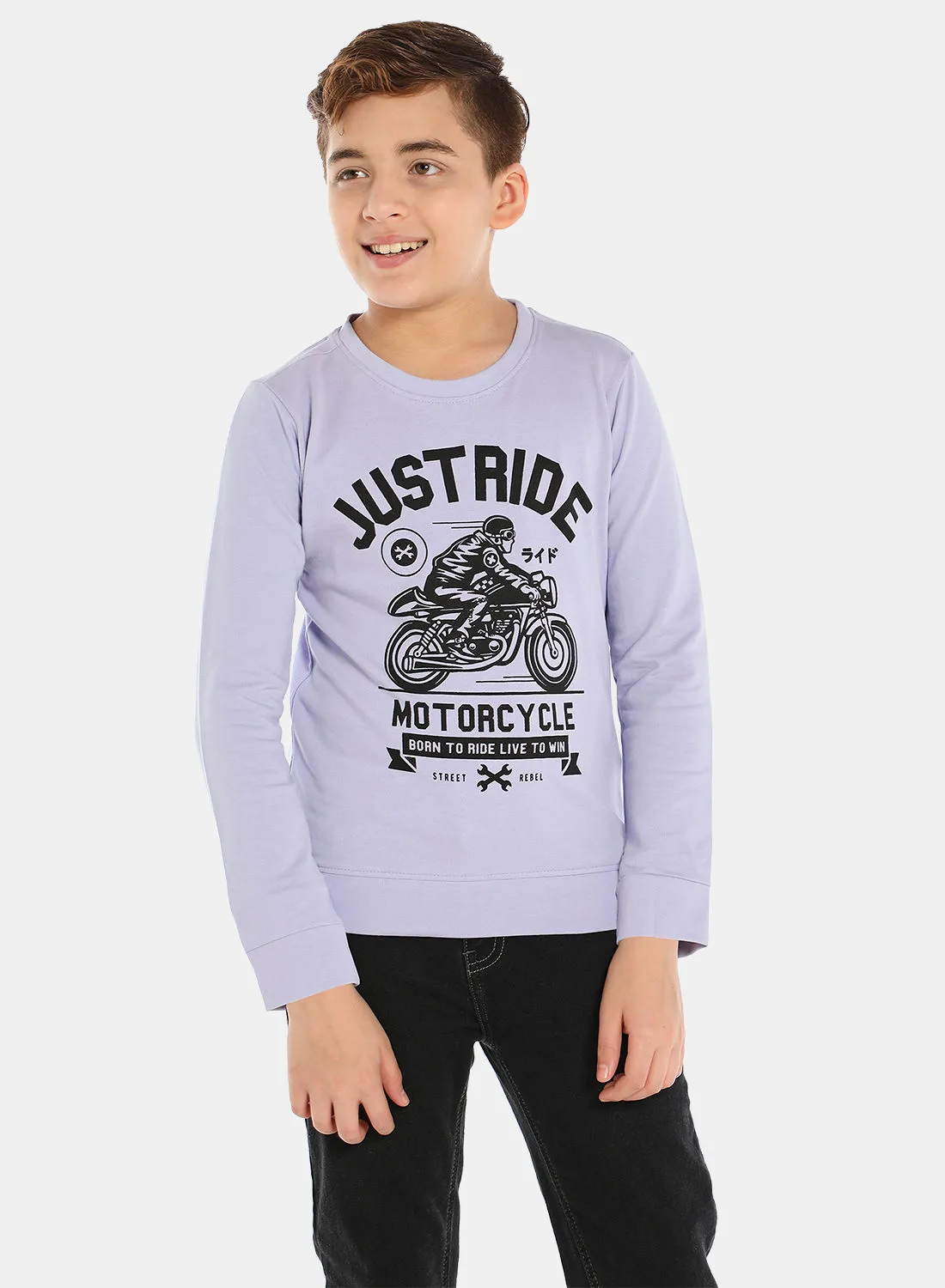 QUWA Boys Stylish Graphic Printed Crew Neck Sweatshirt Light Purple/Black