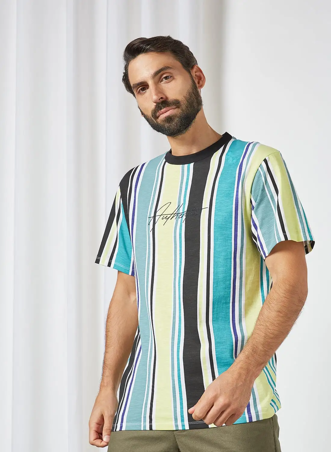 STATE 8 All-Over Stripe T-Shirt أسود / أزرق مخطط