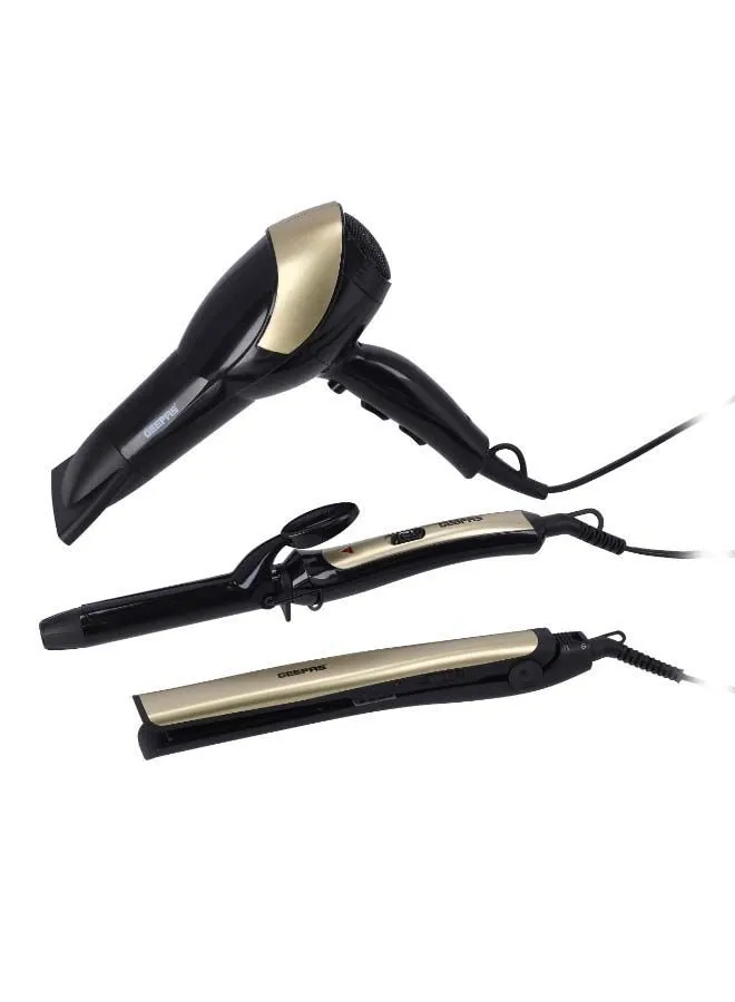 GEEPAS 3 In 1 Hair Styling Set Black/Gold 1200grams