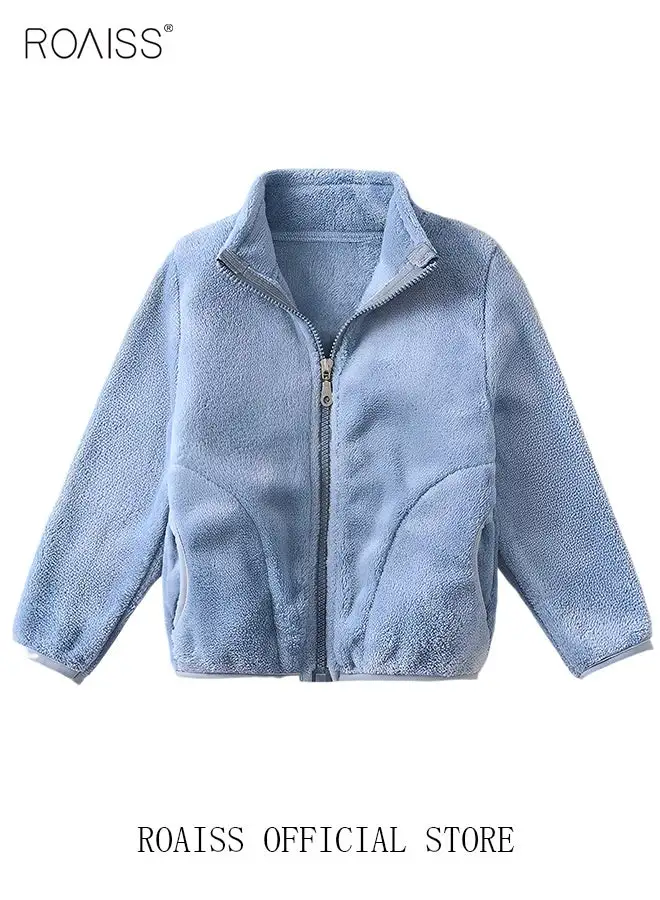 roaiss Toddler Kid's Thickened and Fleece Coat Baby Little Girl Boy Cute Soft Cardigan Zip Up Jacket Warmth Coat Fall Winter Clothing Sweater Overcoat Blue