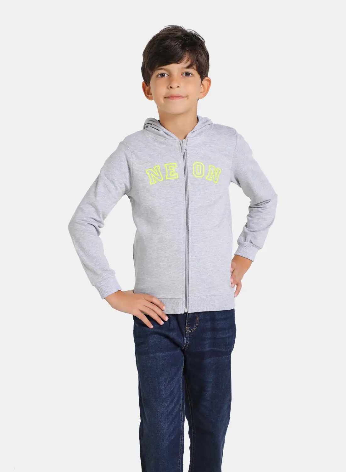 NEON Boys Hooded Neck Long Sleeve Zip Through Grey Melange