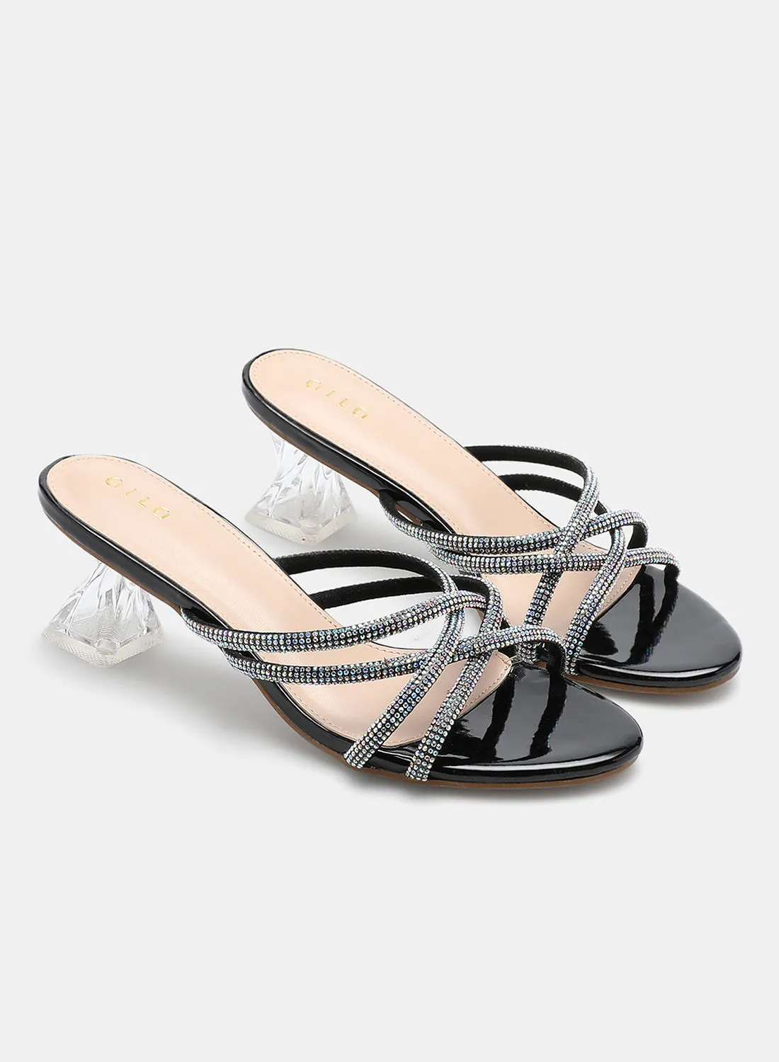 Aila Stone Embellished Straps Heeled Sandals Black/Silver