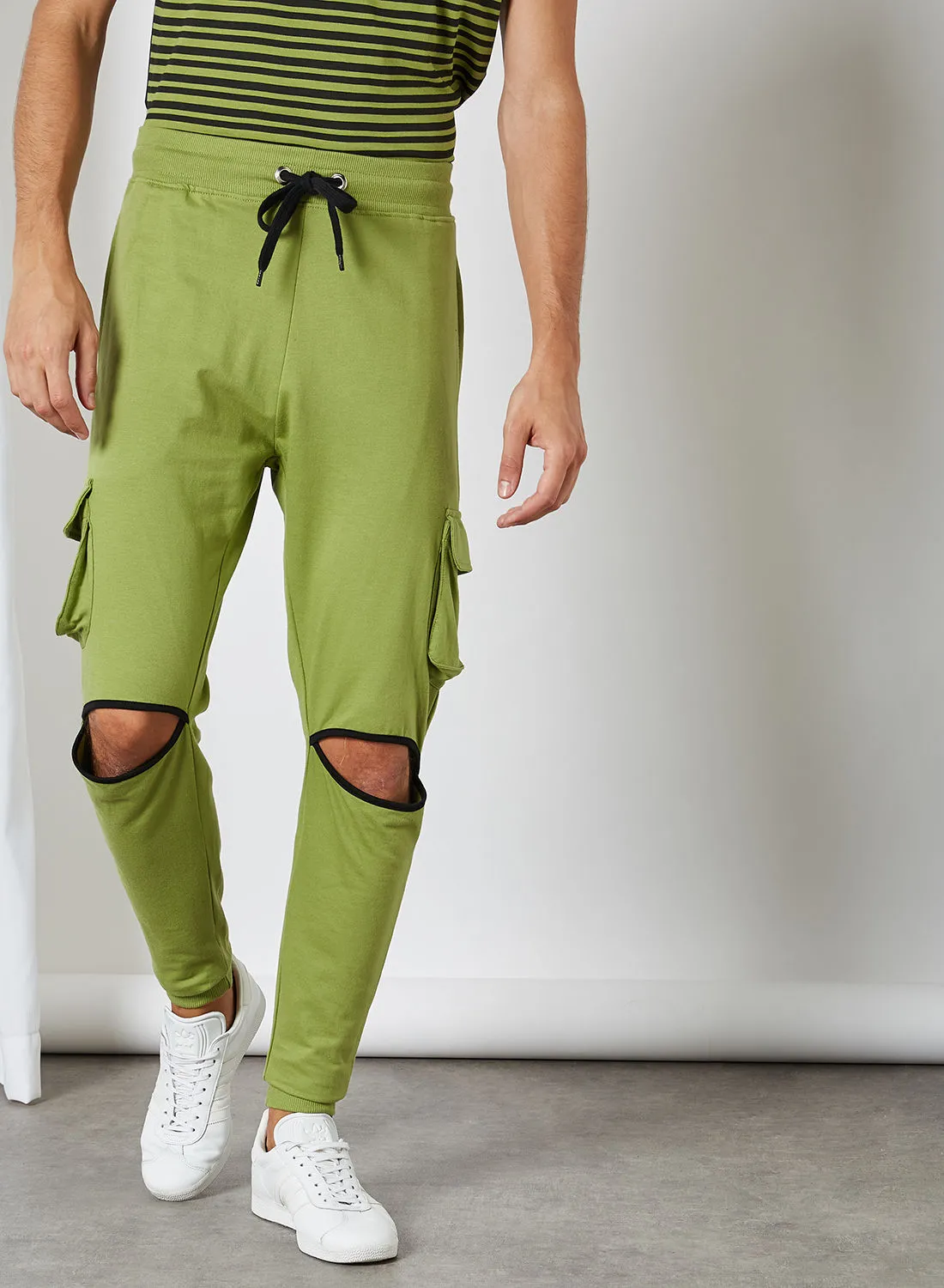 ABOF Stripes Pattern Regular Fit Joggers Olive/Black