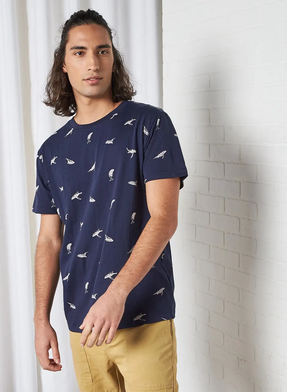 DEDICATED Whale Fish Print Short Sleeve T-Shirt Navy