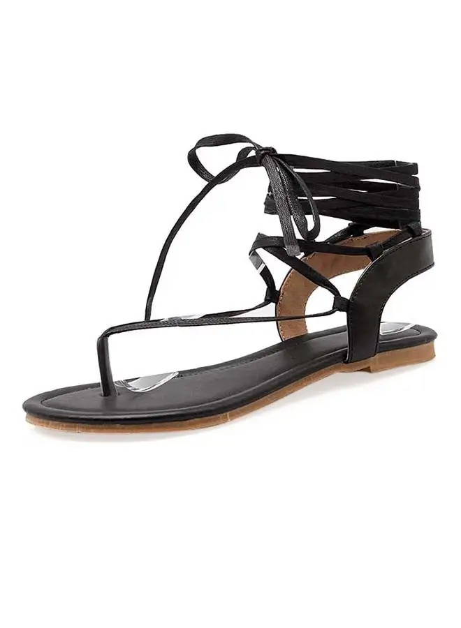 SIKAINI Leather Lace-Up Closure  Flat Sandals Black