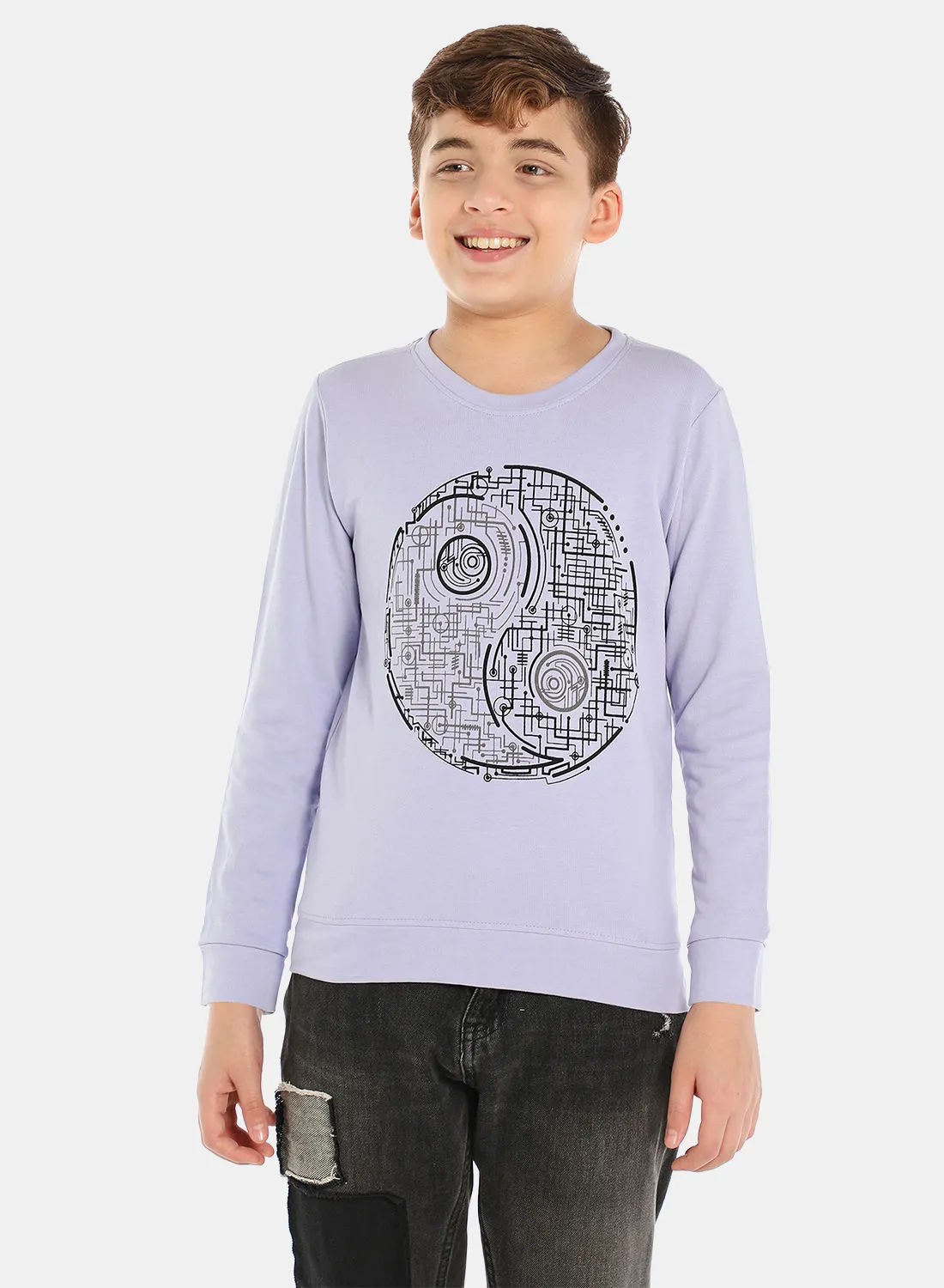 QUWA Boys Trendy Graphic Printed Crew Neck Sweatshirt Light Purple/Black