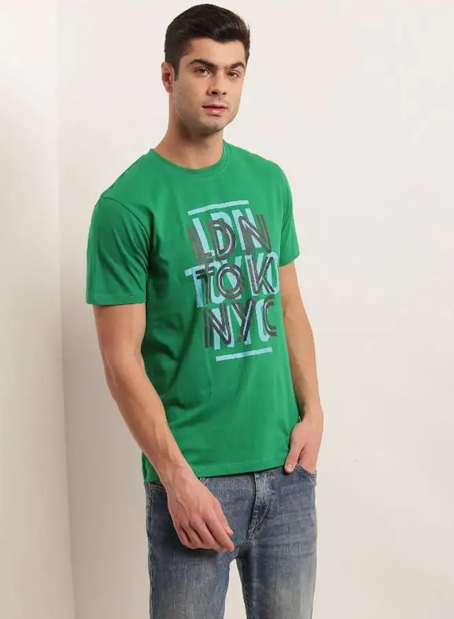 QUWA Graphic Printed Round Neck T-Shirt Emerald Green