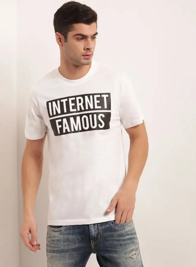 QUWA Internet Famous Print Crew Neck T-Shirt White