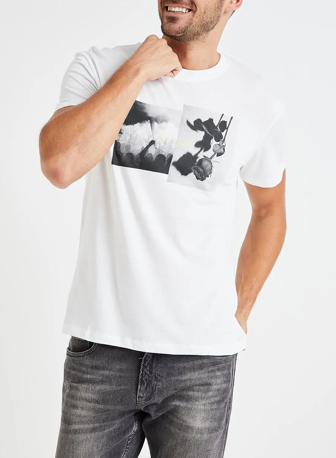 JACK & JONES Rose Print Crew Neck T-Shirt White