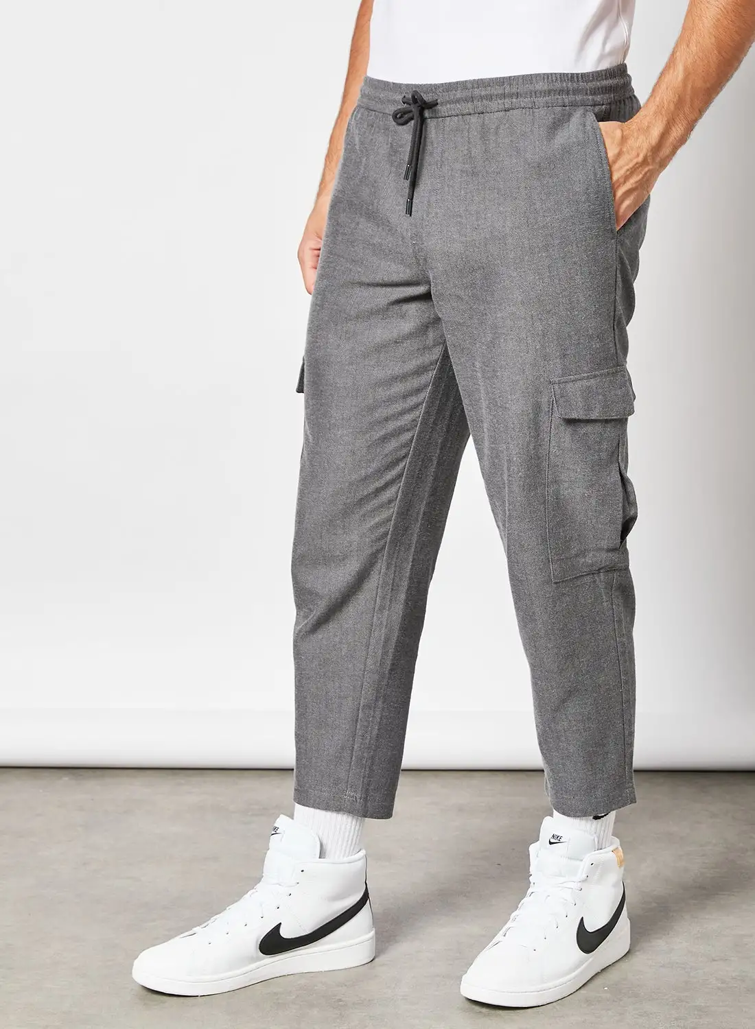 JACK & JONES Herringbone Cropped Pants Grey