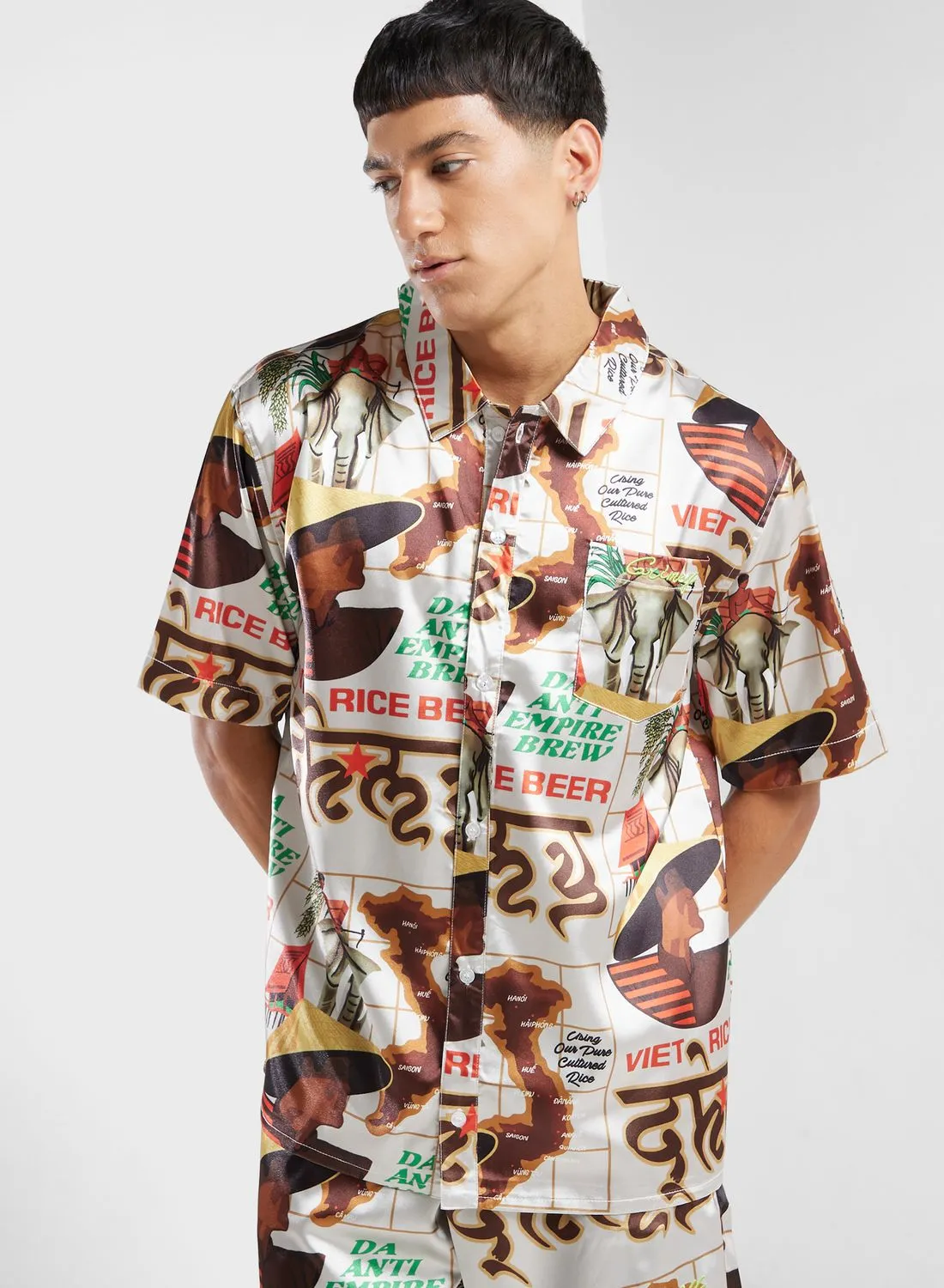 Grimey Viet Cong Beer Satin Button Up Shirt