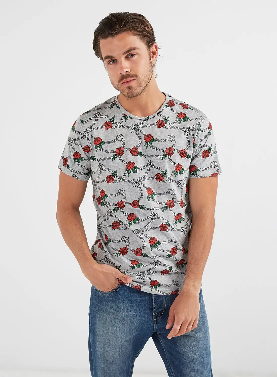 BRAVE SOUL Rose And Chain Print Crew Neck T-Shirt Grey Marl