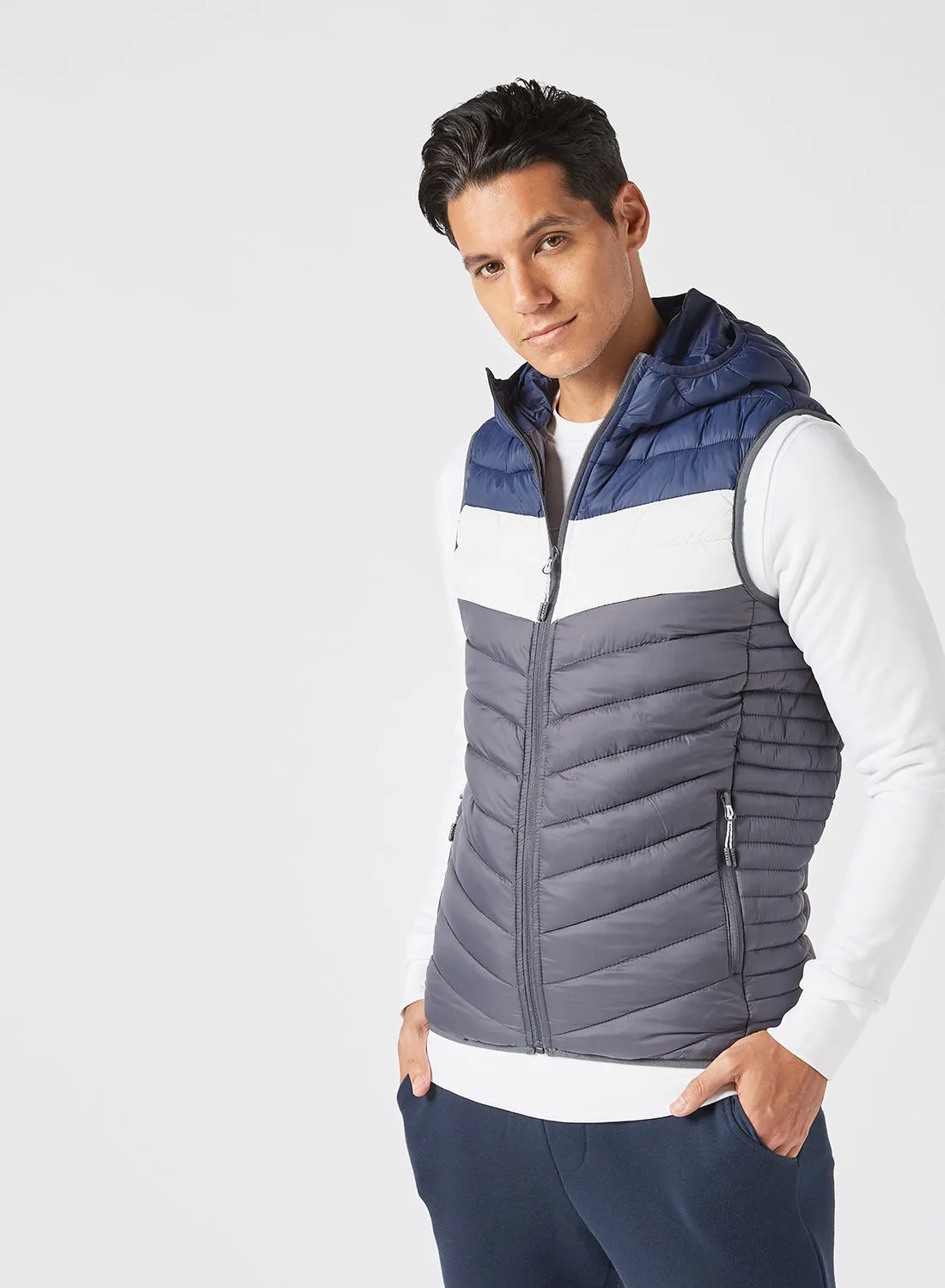 Athletiq Men's Casual Hooded And Side Pockets Detail Stripped Puffer Vest Jacket Grey/Blue