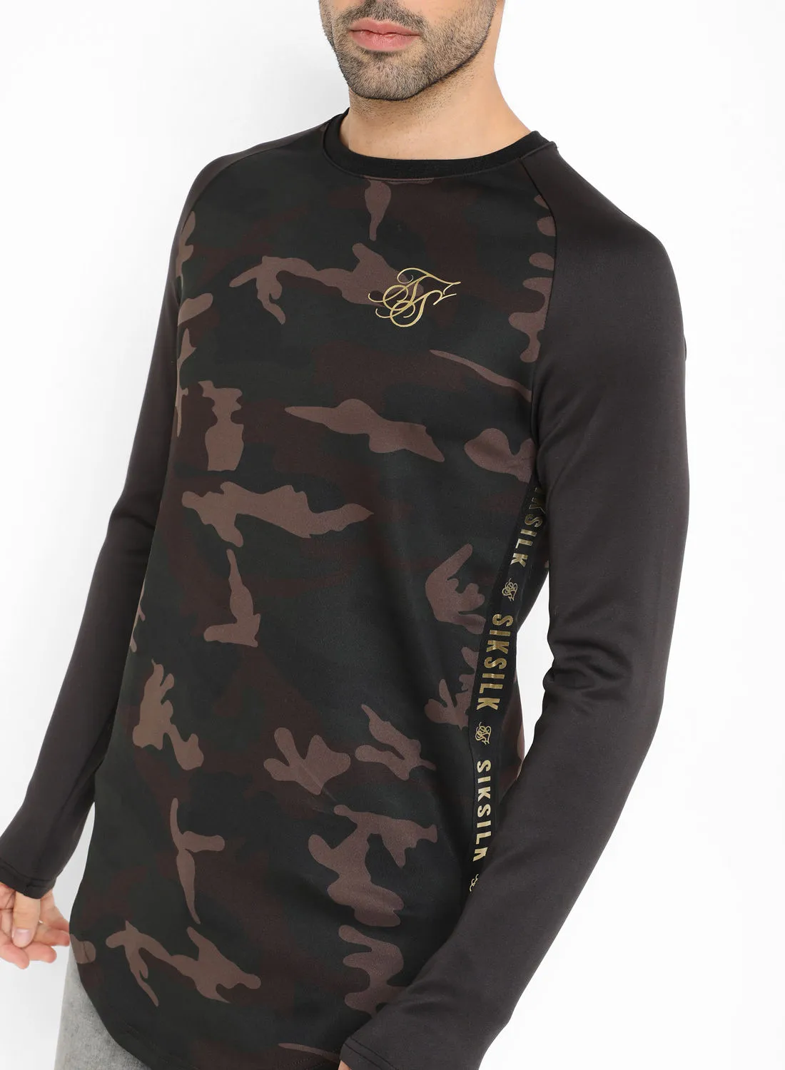 SikSilk Crew Neck Raglan Sleeve Camo Print T-Shirt Black / Camo