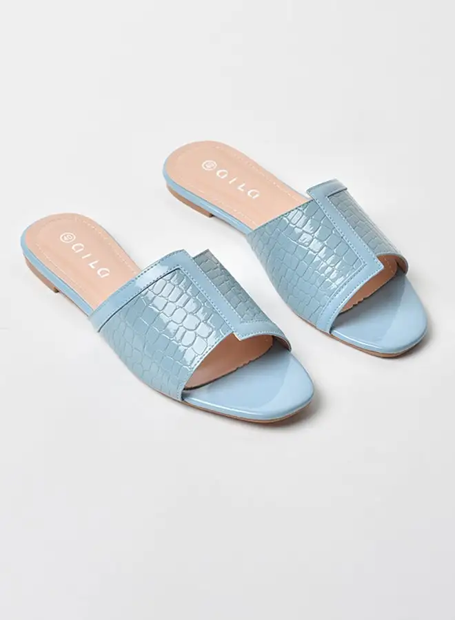 Aila Animal Pattern Broad Strap Flat Sandals Light Blue