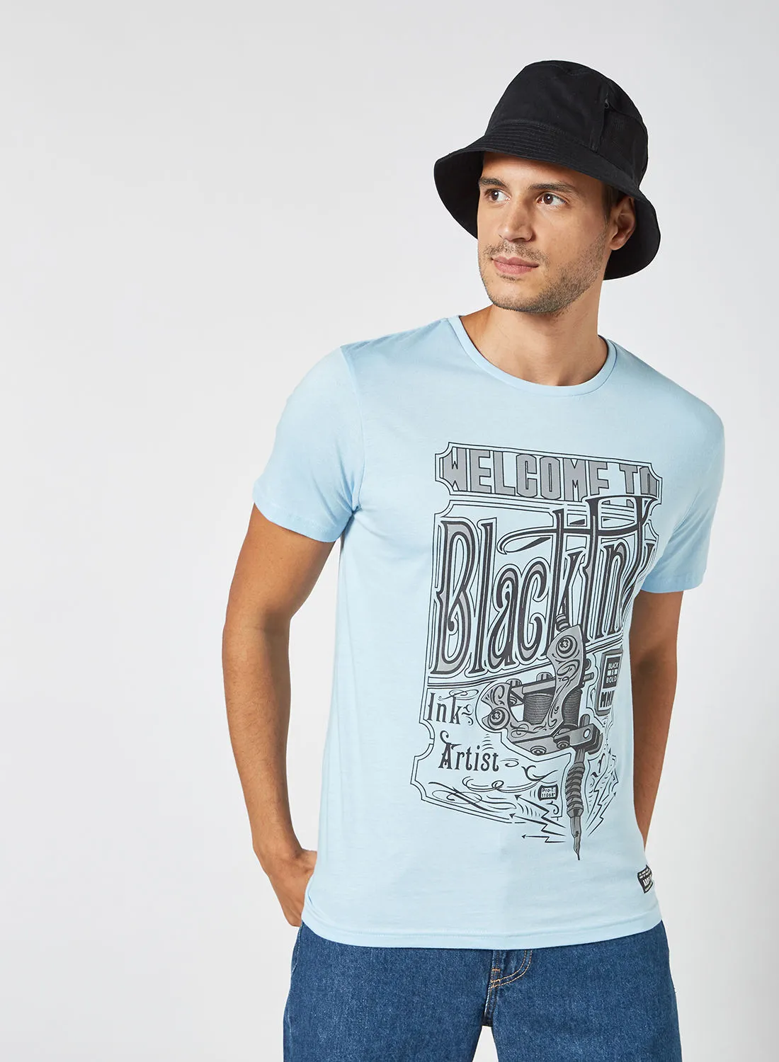 ABOF Graphic Printed Regular Fit Crew Neck T-Shirt Blue Bell