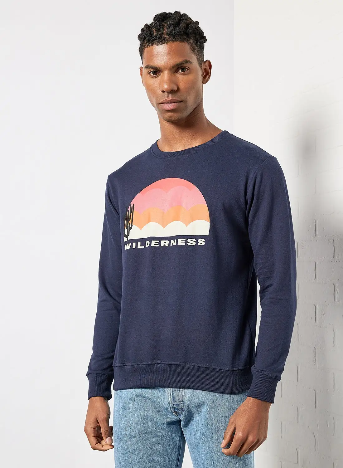 QUWA Men Casual Printed Sweatshirt Navy