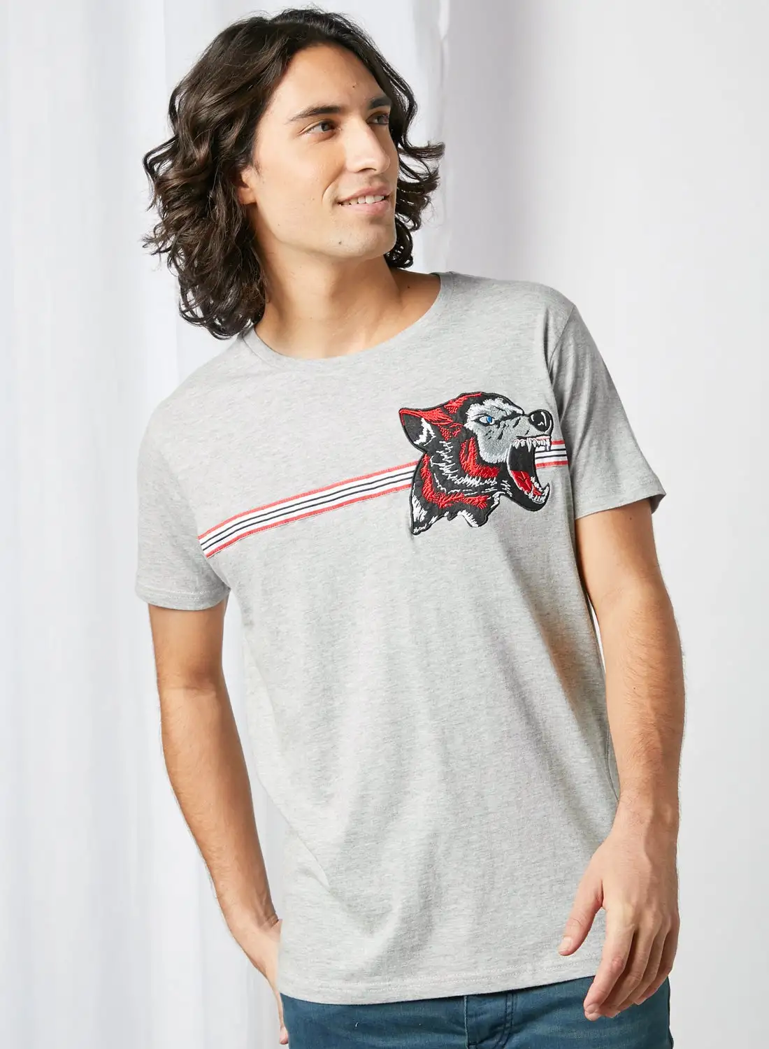 BRAVE SOUL Wolf Badge Crew Neck T-Shirt Grey Marl