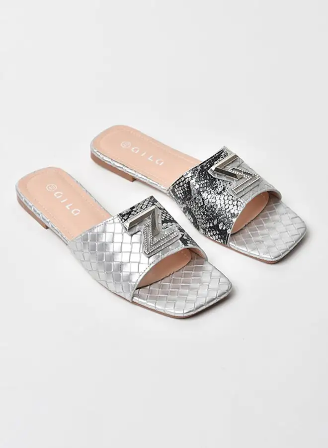 Aila Checked Pattern Broad Strap Flat Sandals Silver