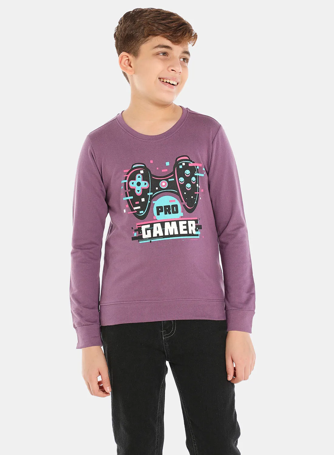 QUWA Comfortable Boys Graphic Printed Long Sleeve Crew Neck Sweatshirt Purple