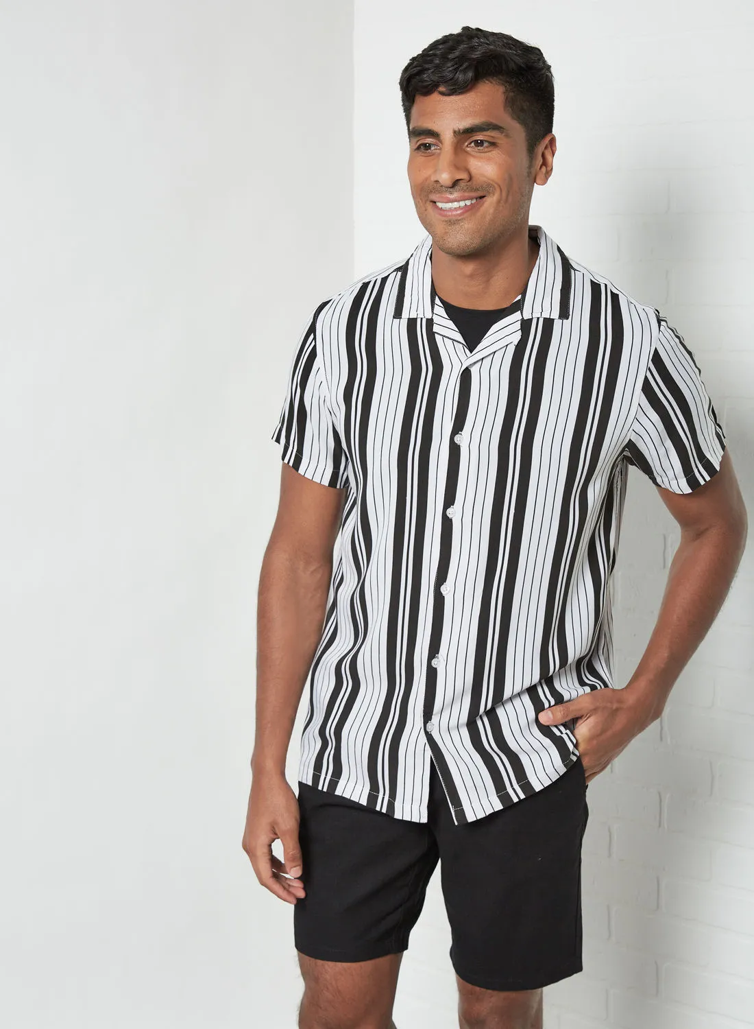 BRAVE SOUL Striped Short Sleeve Shirt Optic White/Jet Black