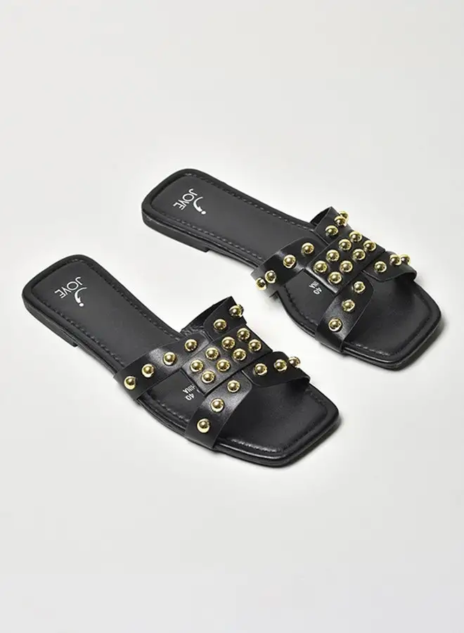 Jove Stone Embellished Broad Strap Flat Sandals Black/Gold