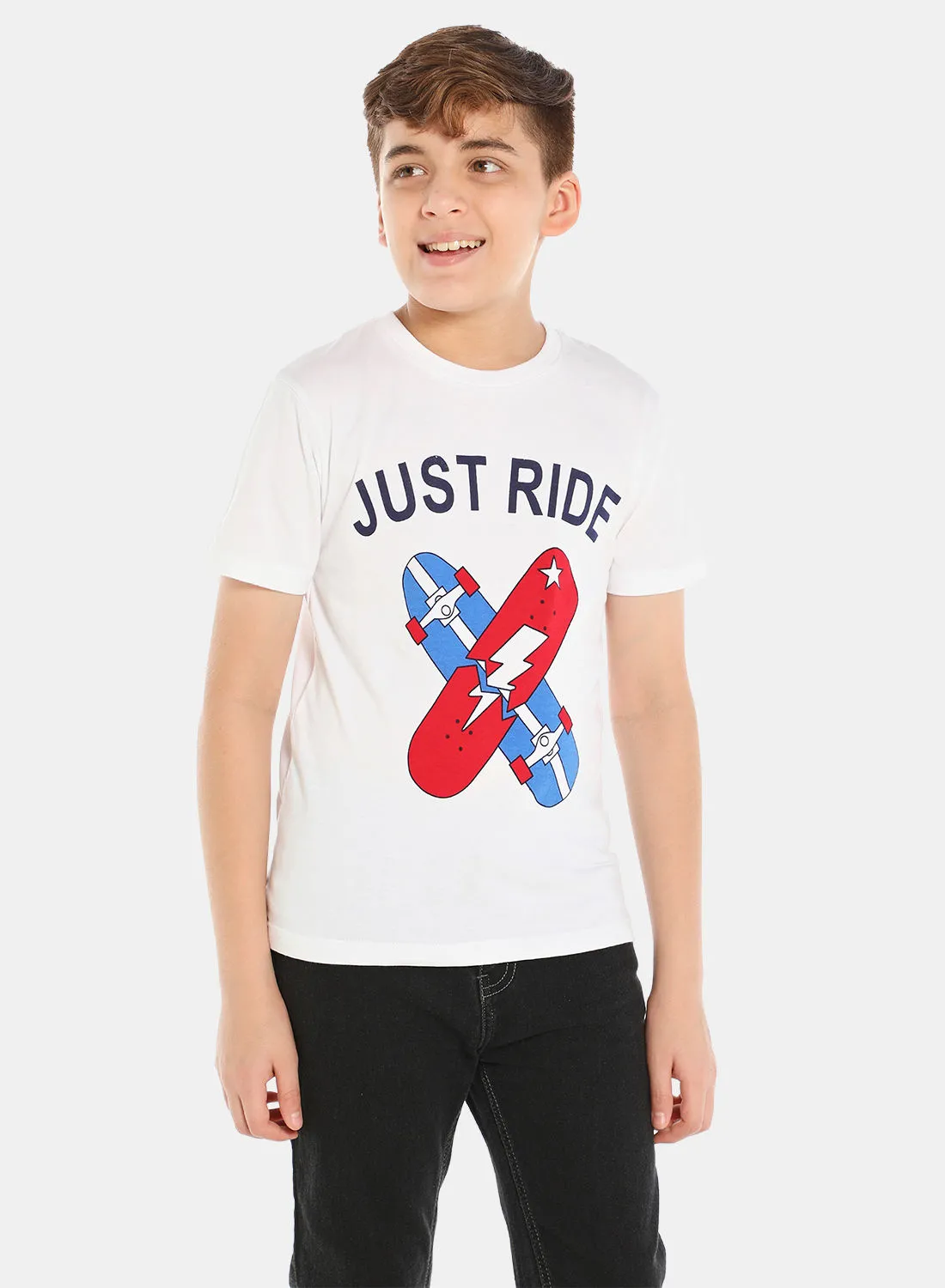 NEON Just Ride Graphic Printed Crew Neck T-Shirt White/Red/Blue